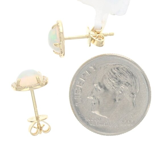 Yellow Gold Opal & Diamond Halo Stud Earrings 14k Round Cabochon 1.06ctw Pierced - Picture 4 of 5